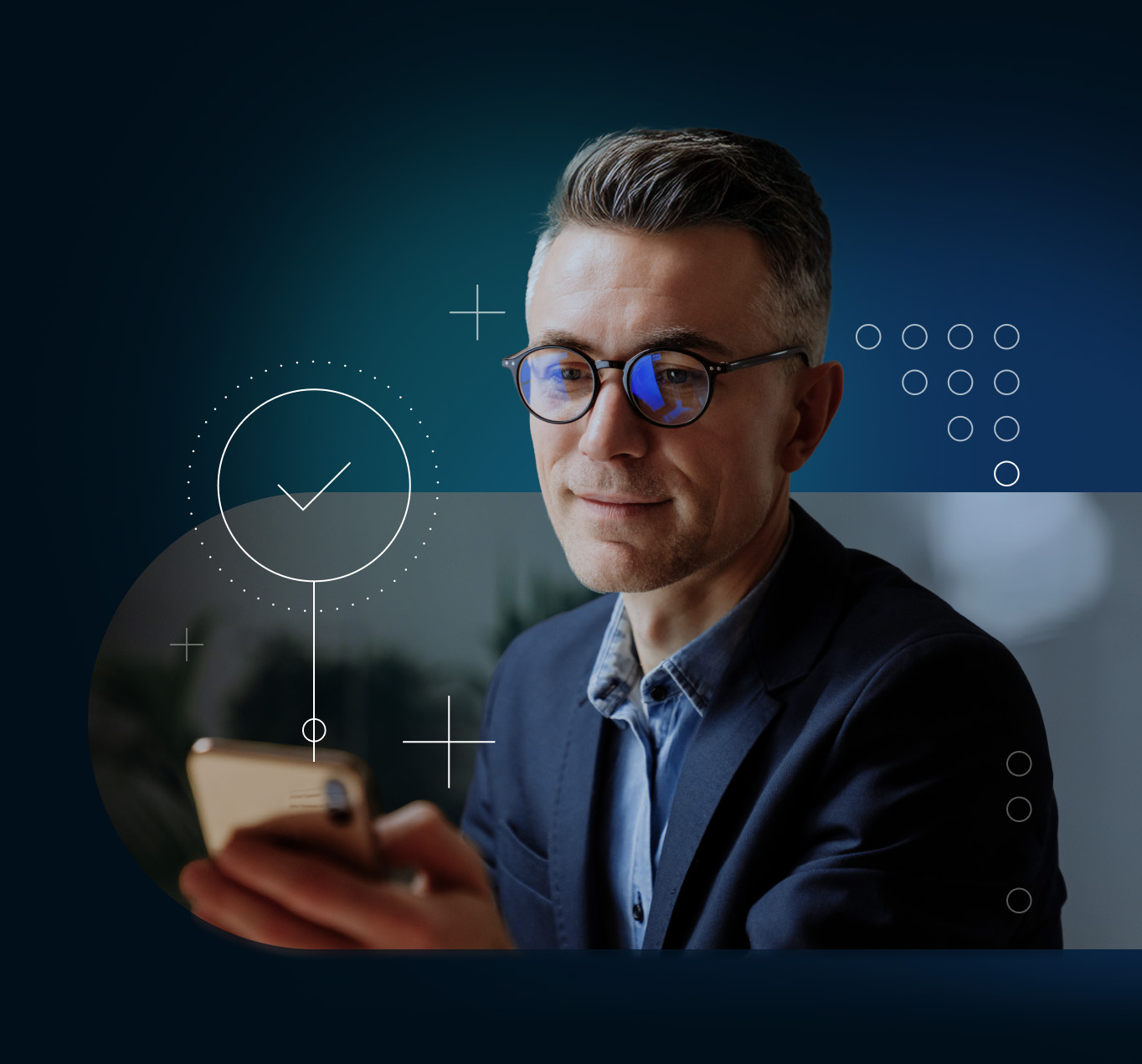 Middle-aged man in business casual attire reading his smartphone